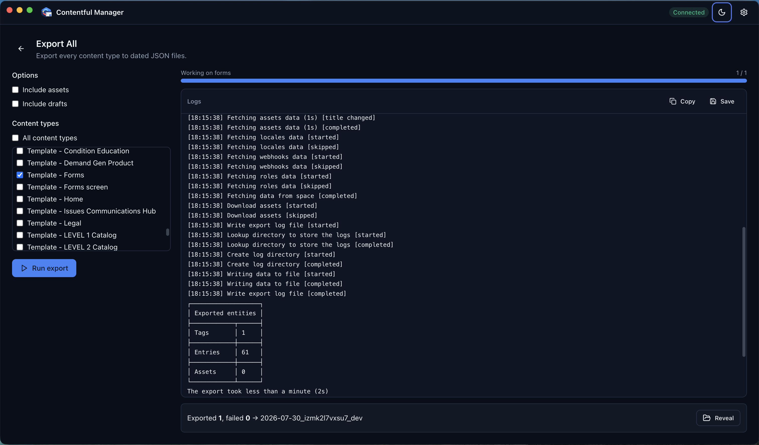 Contentful Manager desktop app running an Export All operation with content type selection, live logs, and an exported-entities summary