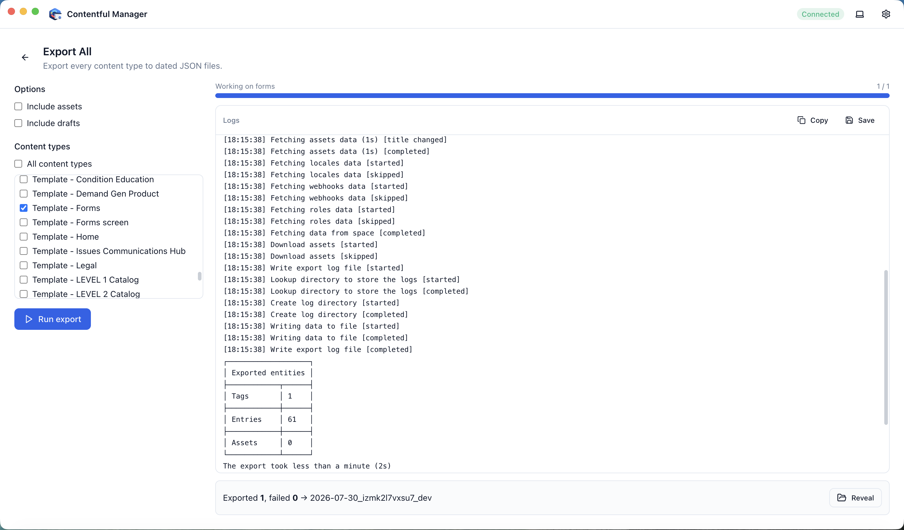 Contentful Manager desktop app running an Export All operation with content type selection, live logs, and an exported-entities summary